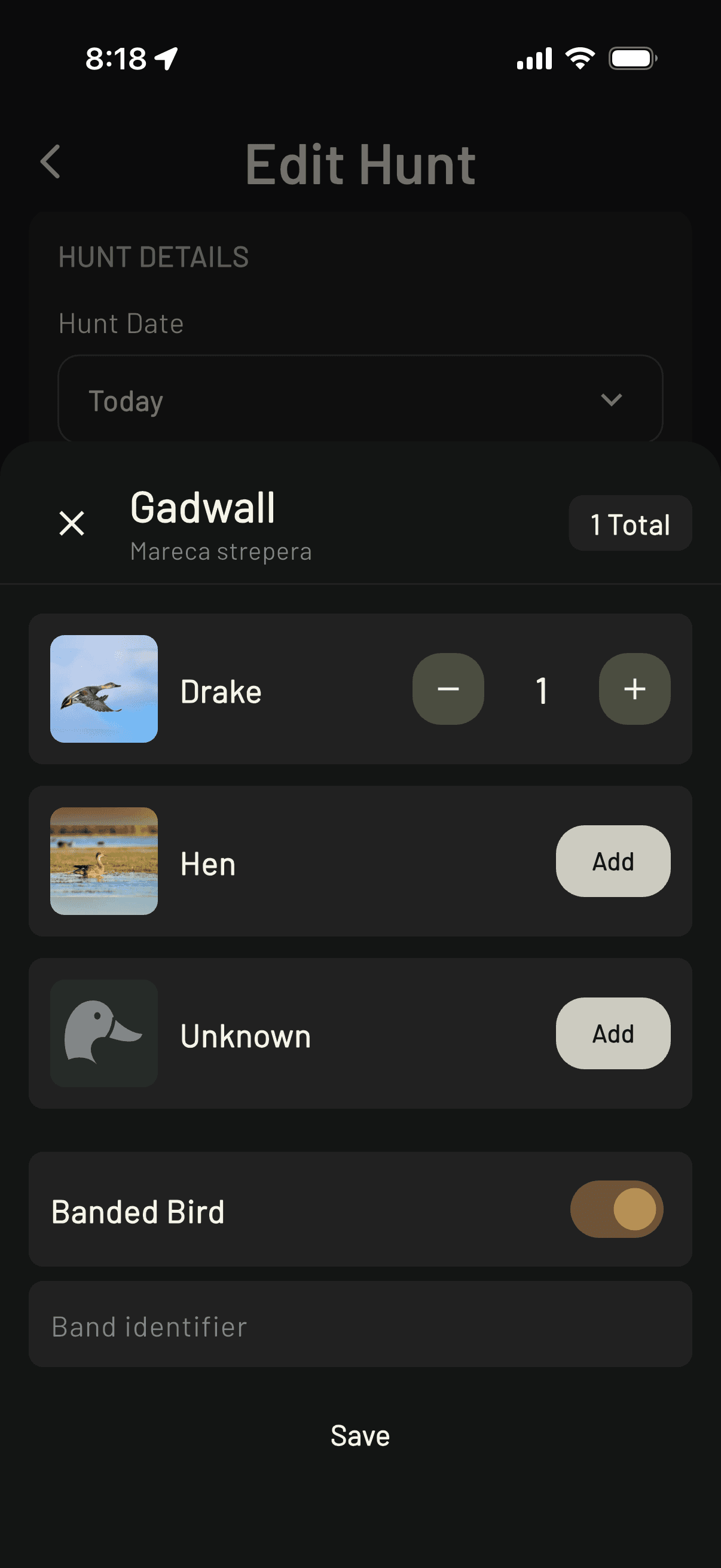 Edit hunt with species selection and banded bird tracking