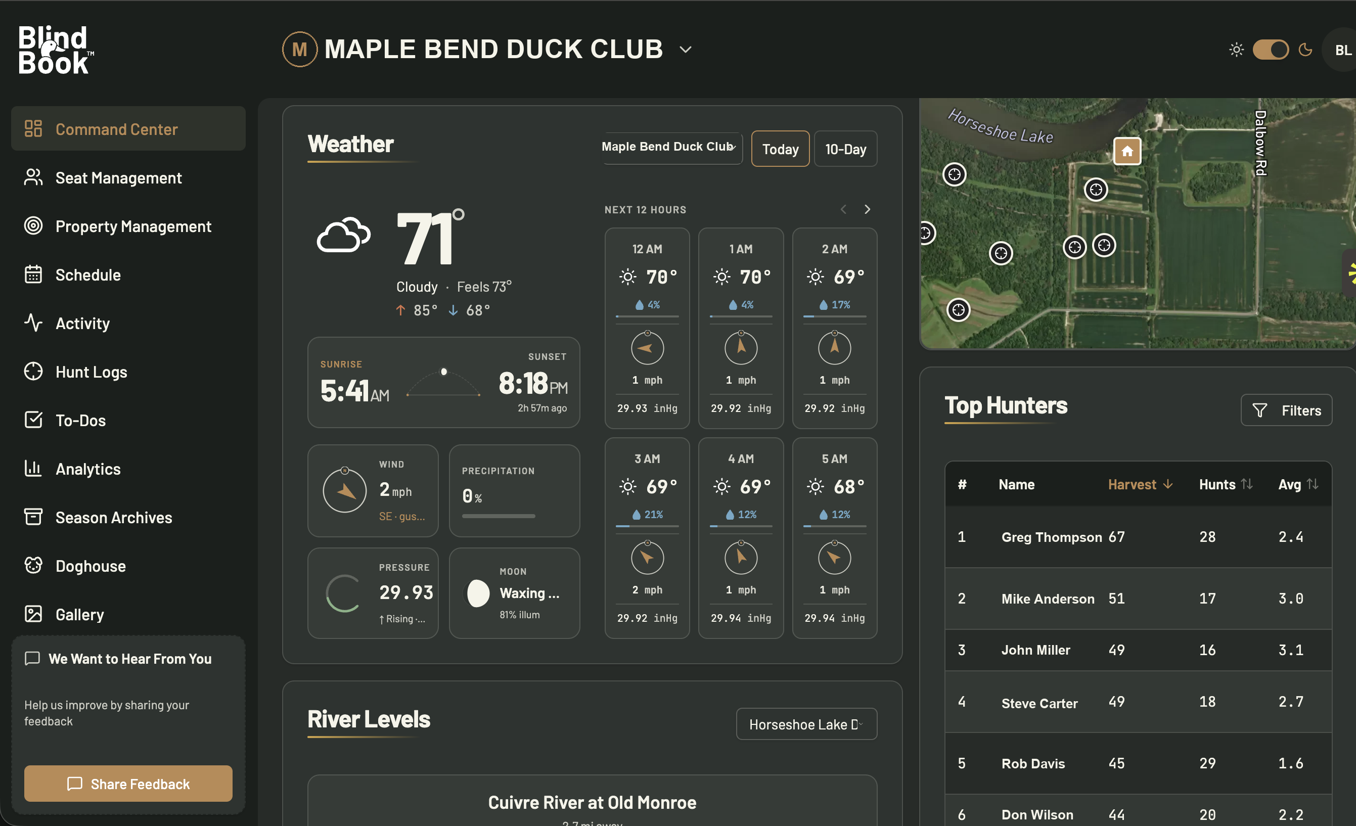 BlindBook Command Center - Property map, hunt schedule, and harvest overview